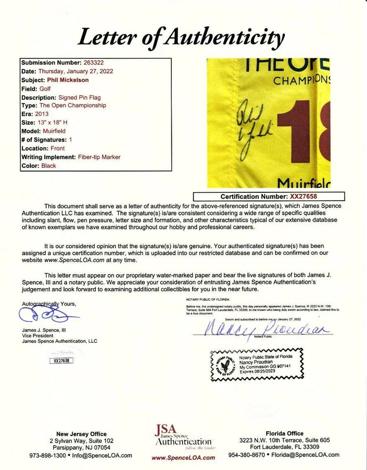 Phil Mickelson signed 2013 British Open golf pin Flag JSA - AutographsForSale.com