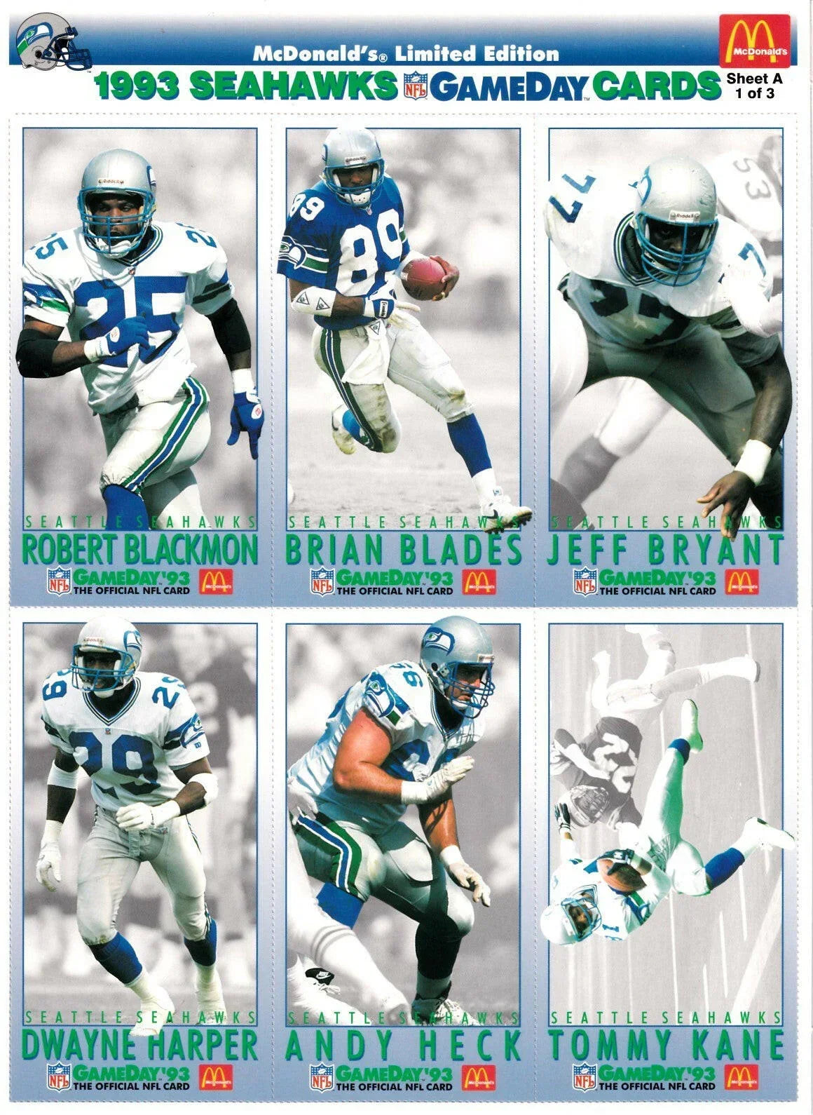 1993 Seattle Seahawks McDonald’s NFL GameDay card sheets Brian Blades John L. Williams - AutographsForSale.com