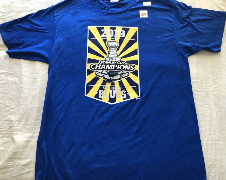 St. Louis Blues 2019 Stanley Cup Champions 2 sided blue T-shirt NEW - AutographsForSale.com
