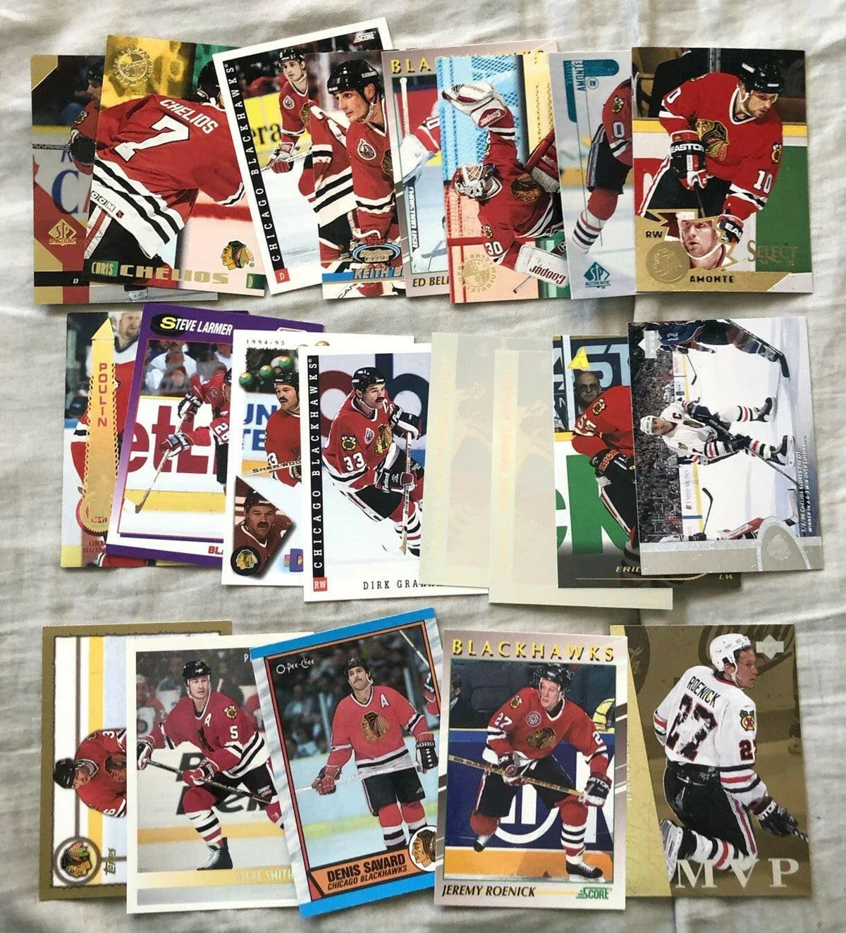 21 Blackhawks cards Ed Belfour Chris Chelios Eric Daze Dirk Graham Jeremy Roenick Denis Savard - AutographsForSale.com