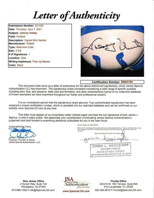 Johnny Unitas autographed Baltimore Colts mini helmet JSA - AutographsForSale.com