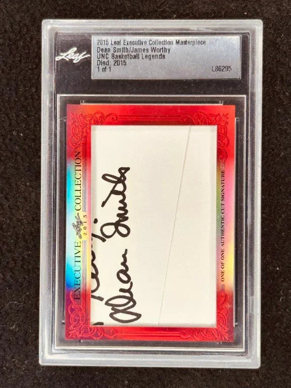 Dean Smith & James Worthy 2015 Leaf Masterpiece Cut Signature certified signed card 1/1 JSA UNC Tar Heels - AutographsForSale.com