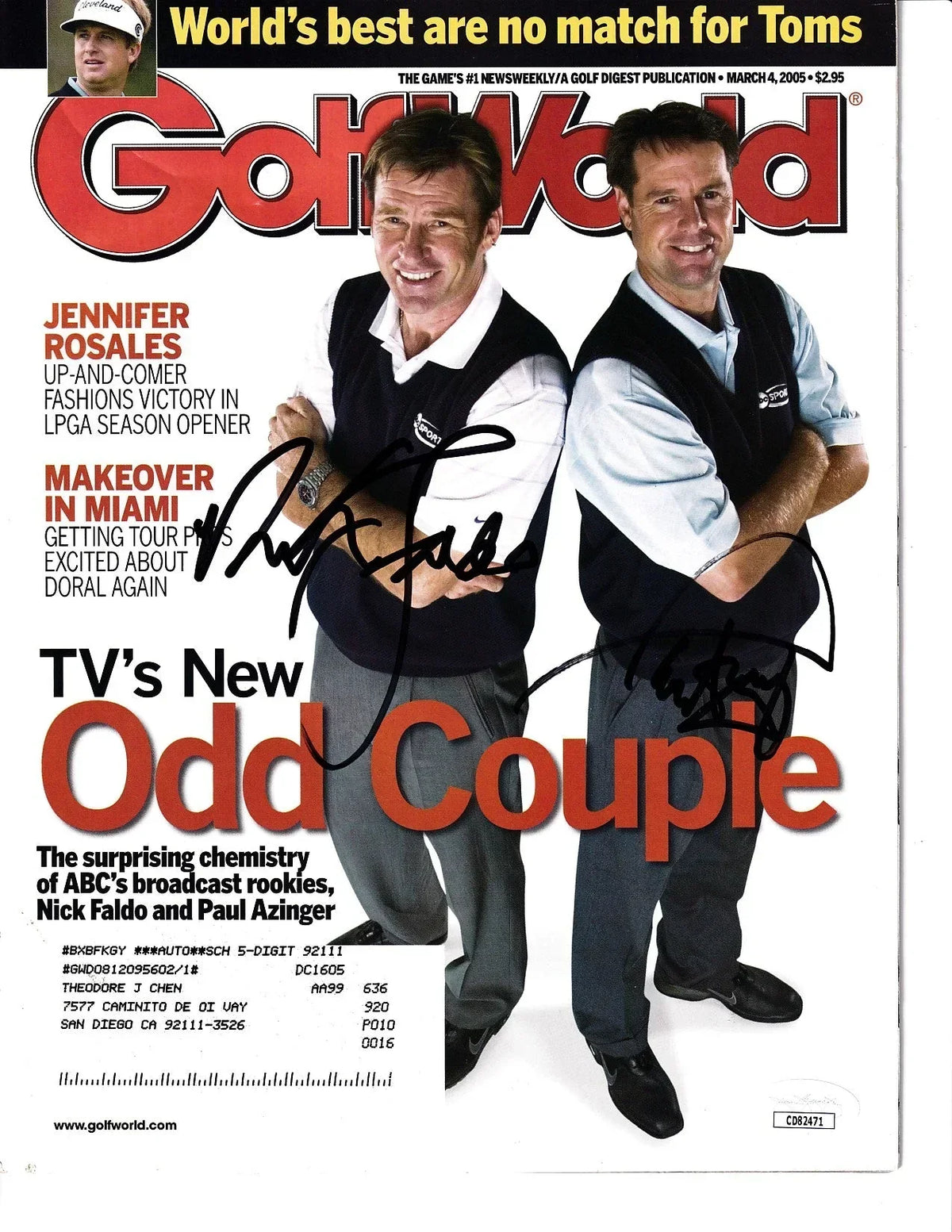 Paul Azinger & Nick Faldo signed 2005 Golf World issue JSA - AutographsForSale.com