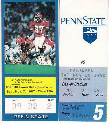 Penn State Nittany Lions vs. Maryland Terrapins 1987 and 1990 football ticket stubs (Joe Paterno) - AutographsForSale.com