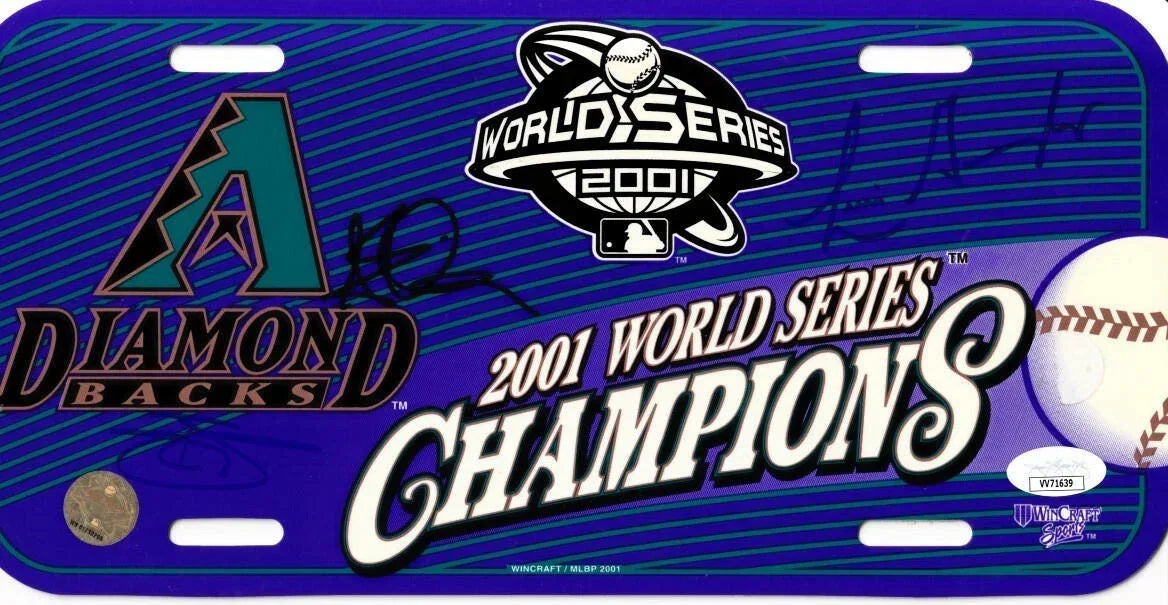 Luis Gonzalez Steve Finley Reggie Sanders signed Diamondbacks 2001 World Series Champions license plate JSA - AutographsForSale.com