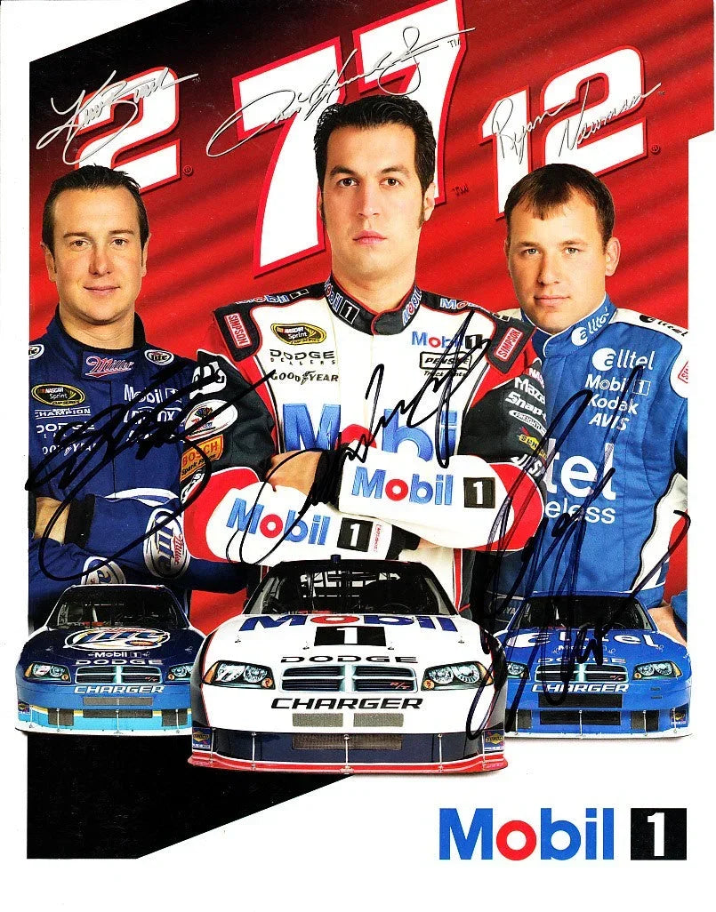 Kurt Busch Sam Hornish Jr Ryan Newman signed 2008 Mobil Racing 8x10 card - AutographsForSale.com
