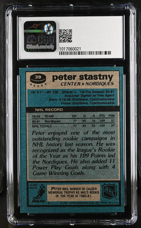 Peter Stastny 1981-82 Topps Rookie Card CSG 8.5 - AutographsForSale.com