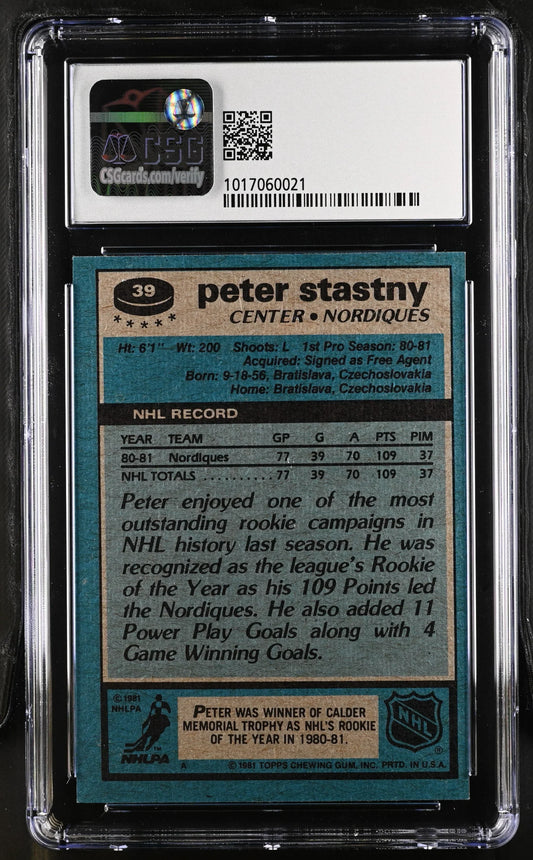 Peter Stastny 1981-82 Topps hockey RC 39 CSG 8.5 - AutographsForSale.com