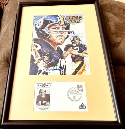Terry Bradshaw signed Steelers Legends cover framed HOF cachet JSA - AutographsForSale.com
