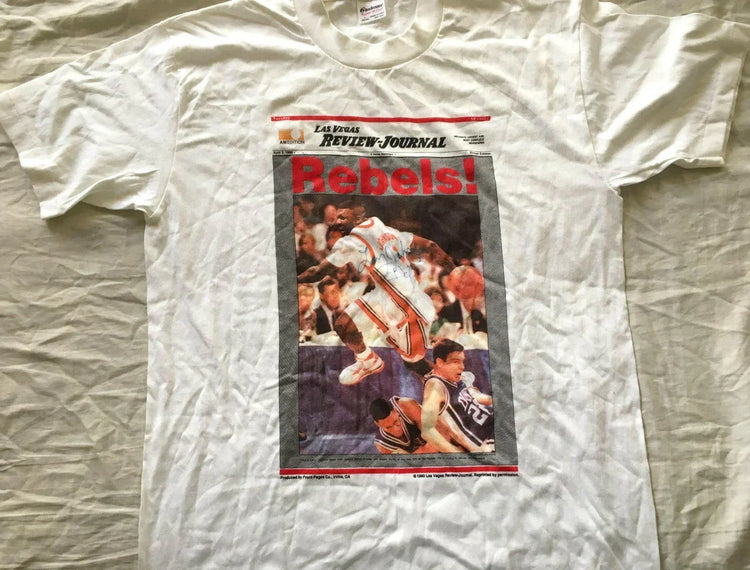 Larry Johnson signed UNLV Rebels 1990 NCAA National Championship T-shirt - AutographsForSale.com