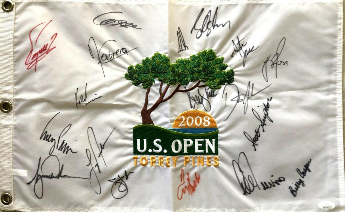 2008 US Open golf flag signed by 18 winners Tiger Woods Dustin Johnson Lee Trevino JSA - AutographsForSale.com