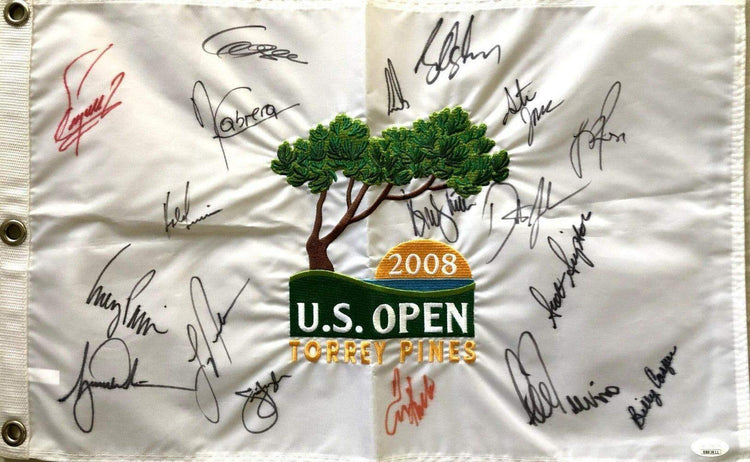 2008 US Open golf flag signed by 18 winners Tiger Woods Dustin Johnson Lee Trevino JSA - AutographsForSale.com
