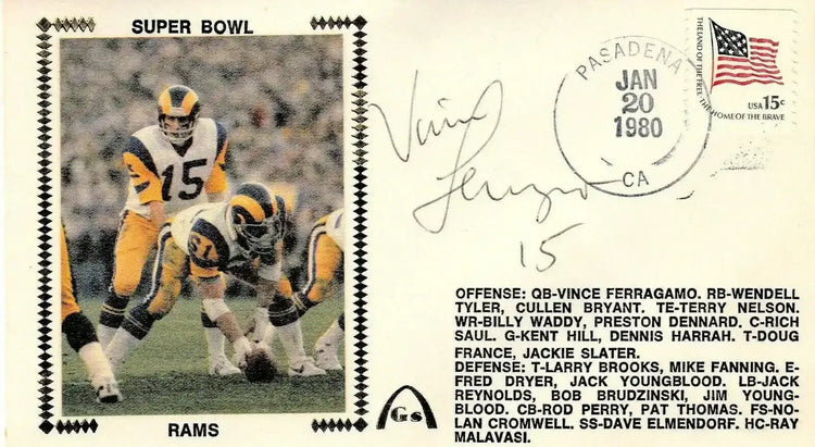 Vince Ferragamo signed LA Rams Super Bowl 14 Gateway cachet - AutographsForSale.com