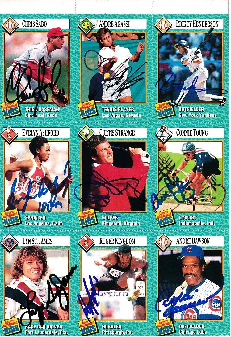Signed 1989 SI for Kids card sheet Agassi RC Henderson JSA - AutographsForSale.com