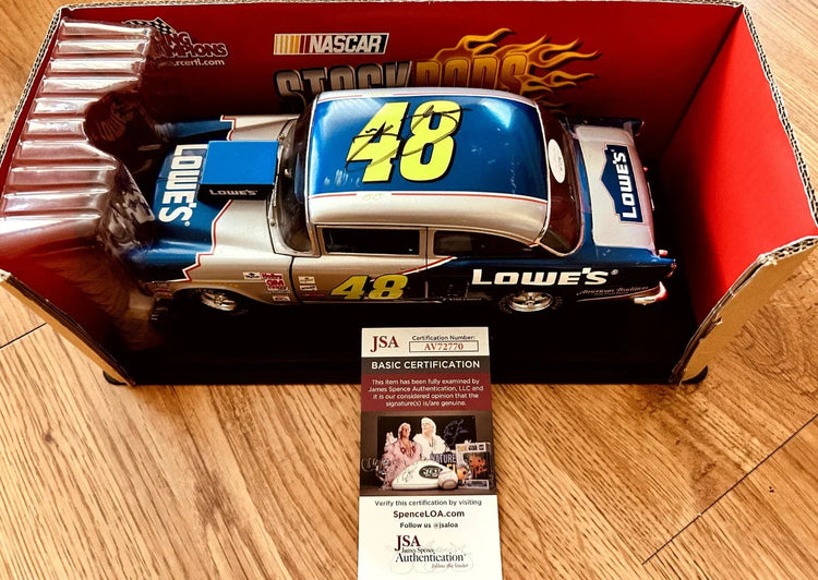 Jimmie Johnson autographed 2002 Lowe’s 1955 Chevy 1:18 Racing Champions diecast car JSA - AutographsForSale.com