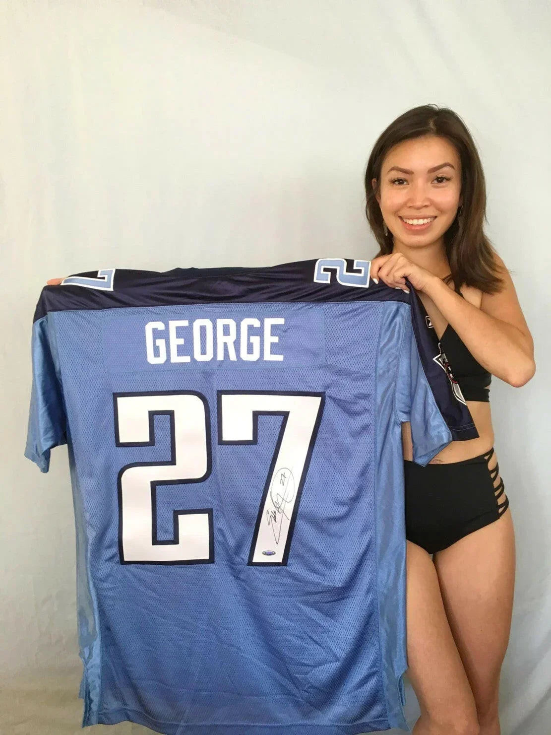 Eddie George signed Tennessee Titans Reebok blue jersey TRISTAR - AutographsForSale.com