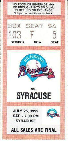 1991 & 1992 Richmond Braves ticket stubs Vinny Castilla Ryan Klesko Mark Wohlers - AutographsForSale.com