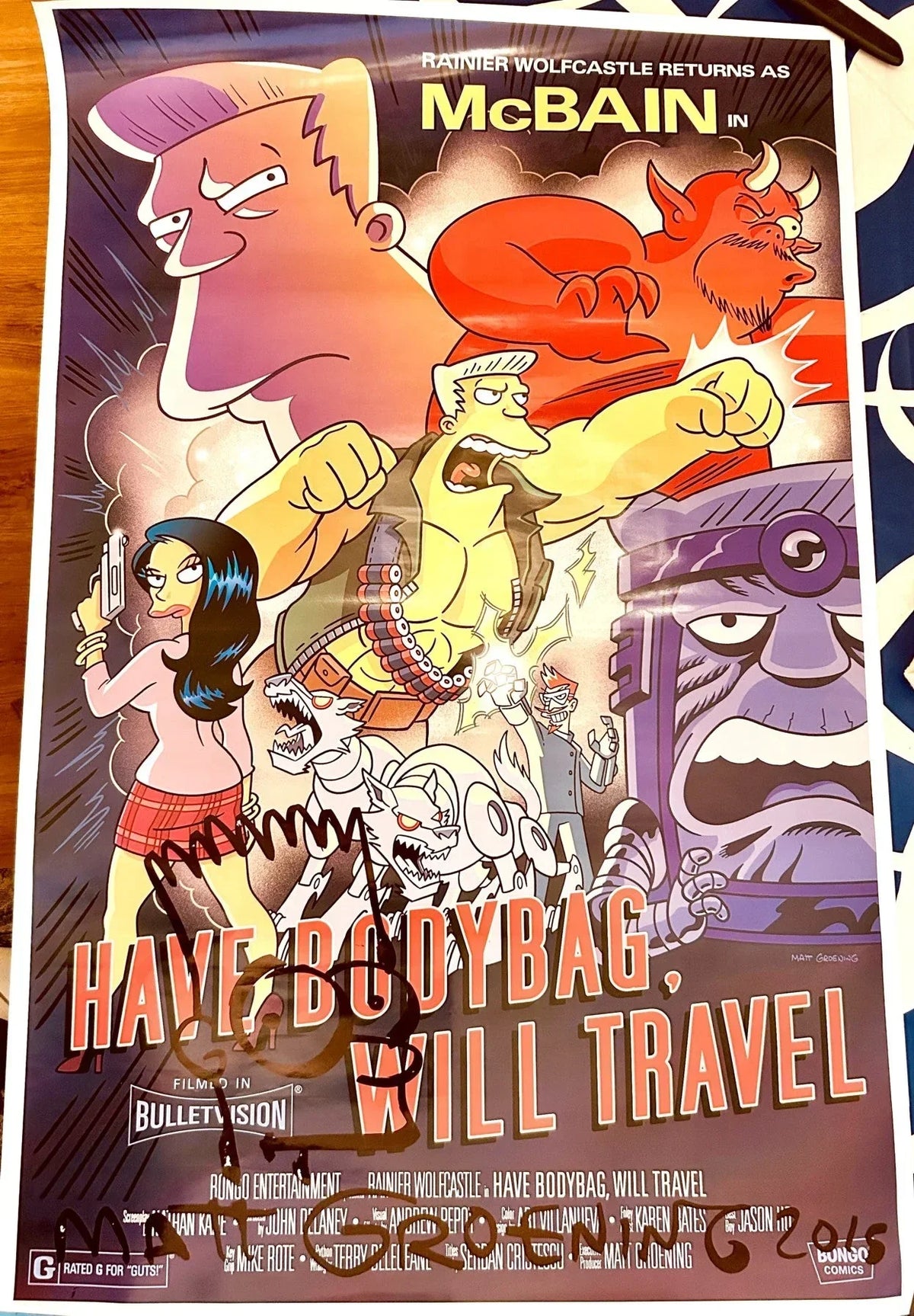 Matt Groening signed doodled dated Simpsons 2015 SDCC McBain 27x40 movie poster JSA - AutographsForSale.com