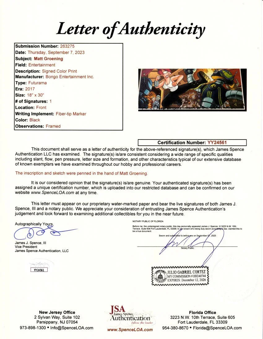 Matt Groening signed Futurama 2017 SDCC 12x24 poster Fry doodled framed JSA - AutographsForSale.com