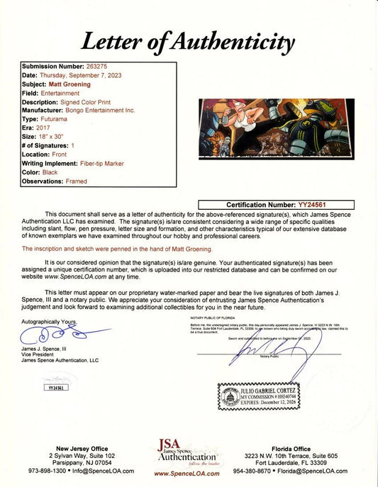 Matt Groening signed Futurama 2017 SDCC 12x24 poster Fry doodled framed JSA - AutographsForSale.com