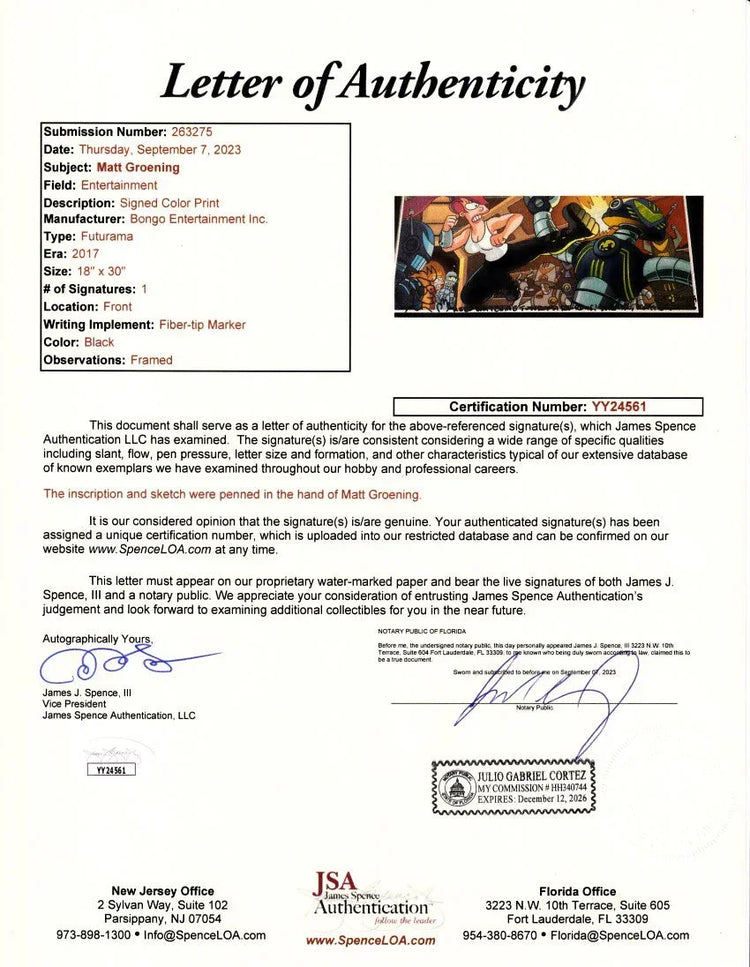 Matt Groening signed Futurama 2017 SDCC 12x24 poster Fry doodled framed JSA - AutographsForSale.com