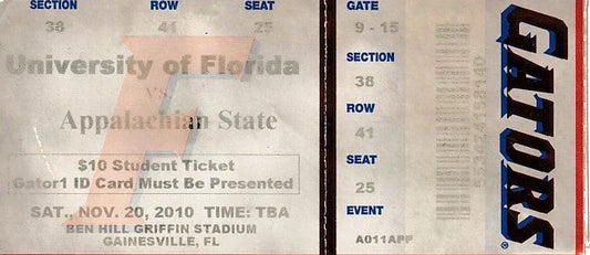 2010 Florida Gators vs Appalachian St football ticket stub (Urban Meyer last home game) - AutographsForSale.com