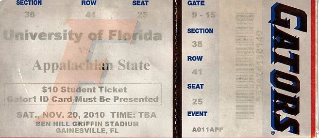 2010 Florida Gators vs Appalachian St football ticket stub (Urban Meyer last home game) - AutographsForSale.com