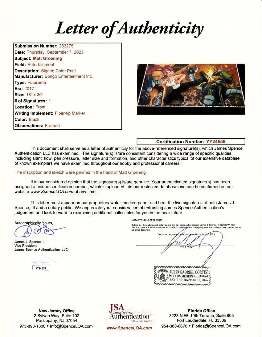 Matt Groening signed Futurama 2017 SDCC 12x24 poster Zoidberg doodled framed JSA - AutographsForSale.com