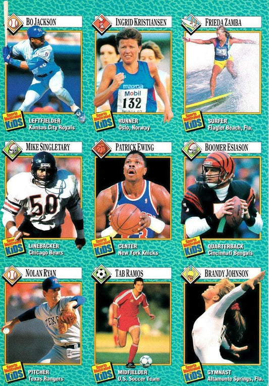 Patrick Ewing Bo Jackson Nolan Ryan Mike Singletary 1989 SI for Kids card sheet - AutographsForSale.com