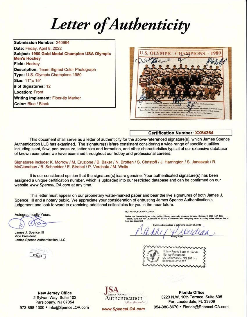 1980 Miracle on Ice US Olympic hockey team signed 11x14 photo Mike Eruzione JSA - AutographsForSale.com
