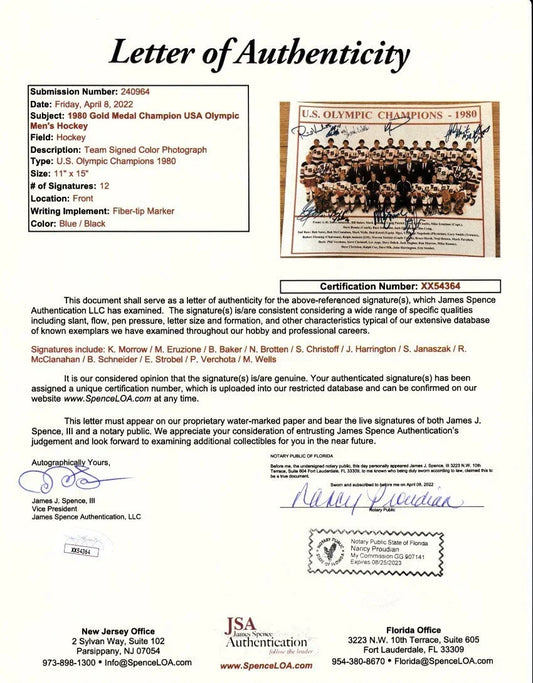 1980 Miracle on Ice US Olympic hockey team signed 11x14 photo Mike Eruzione JSA - AutographsForSale.com