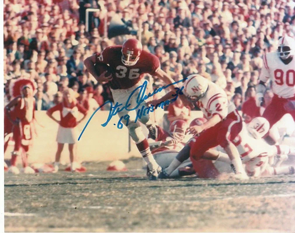 Steve Owens signed Oklahoma Sooners 8x10 photo with '69 Heisman - AutographsForSale.com