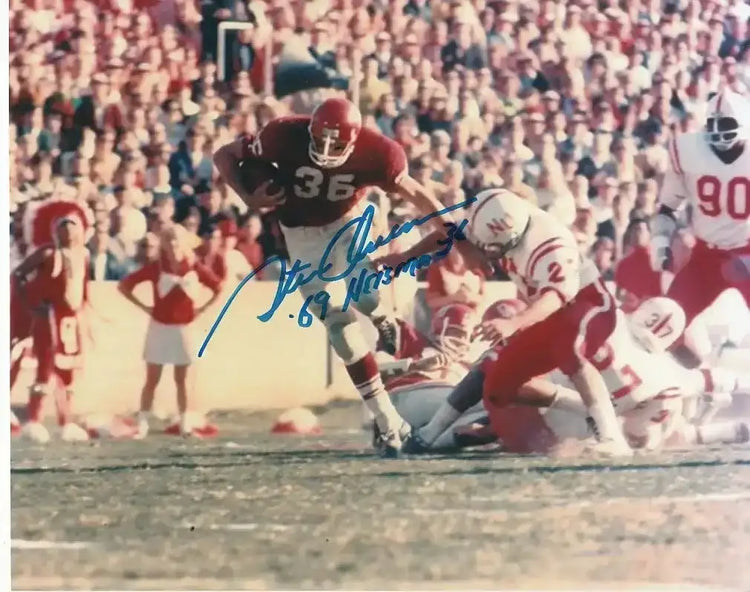 Steve Owens signed Oklahoma Sooners 8x10 photo with '69 Heisman - AutographsForSale.com
