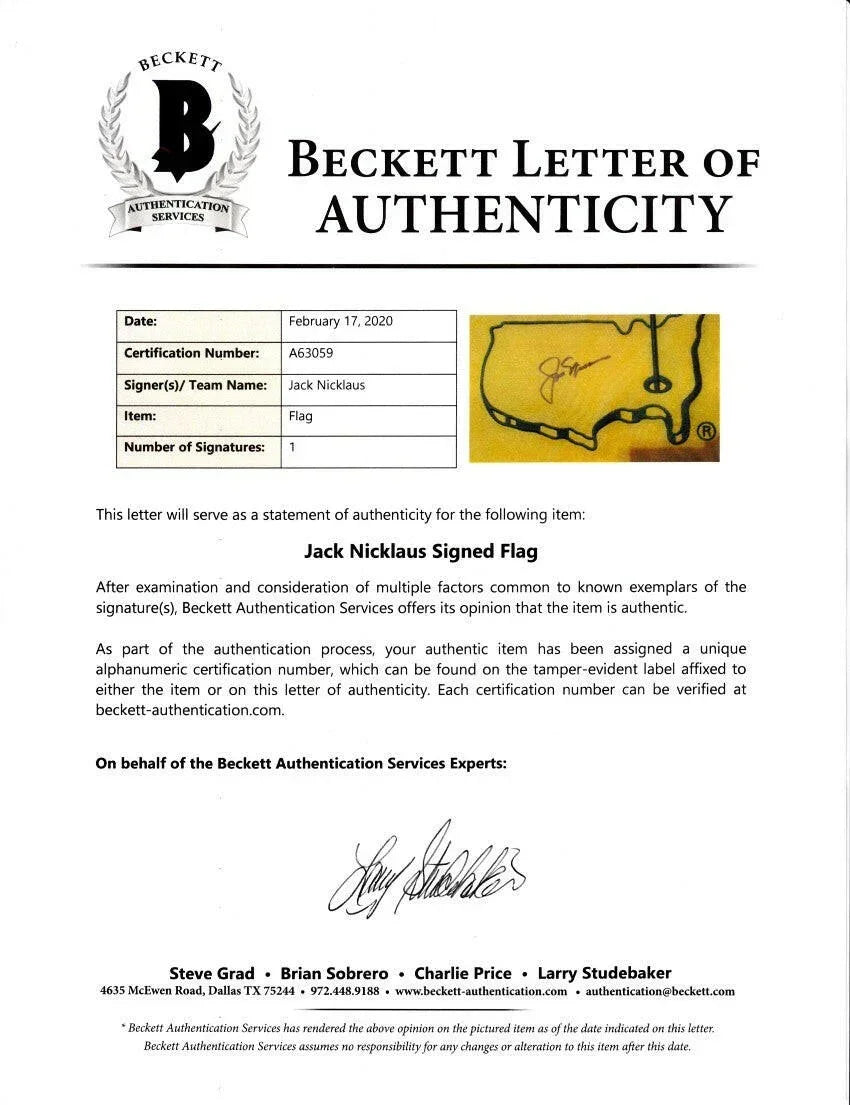Jack Nicklaus signed 2005 Masters golf flag BAS certified - AutographsForSale.com