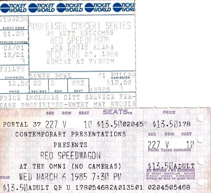 2 vintage REO Speedwagon 1984 Detroit & 1985 Atlanta concert ticket stubs - AutographsForSale.com