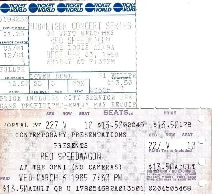 2 vintage REO Speedwagon 1984 Detroit & 1985 Atlanta concert ticket stubs - AutographsForSale.com