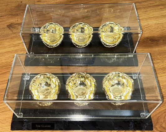 2 used 3 baseball gold glove acrylic display cases with wood base - AutographsForSale.com
