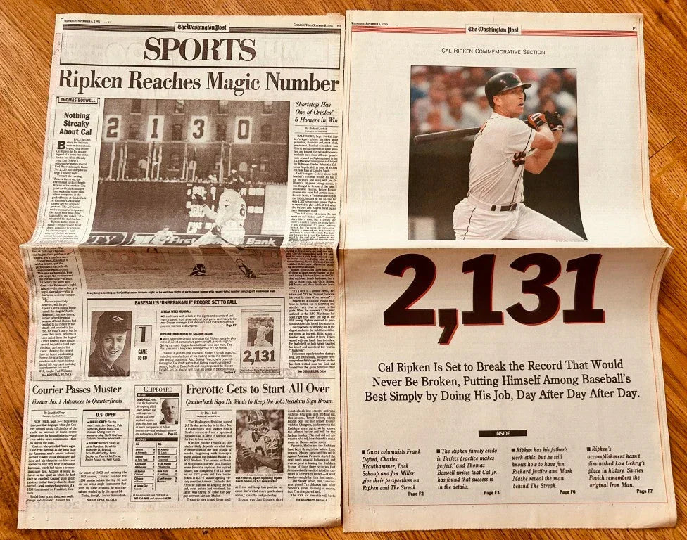 Cal Ripken Orioles 2130 & 2131 Consecutive Games 1995 Washington Post newspapers - AutographsForSale.com