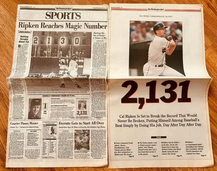 Cal Ripken Orioles 2130 & 2131 Consecutive Games 1995 Washington Post newspapers - AutographsForSale.com