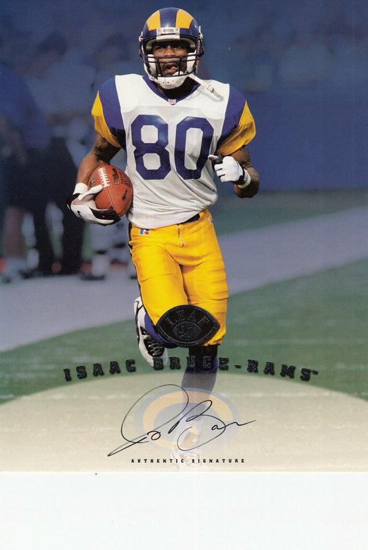 Isaac Bruce certified autograph St. Louis Rams 1997 Leaf 8x10 photo card - AutographsForSale.com