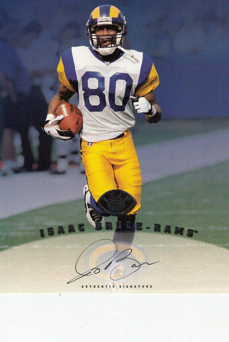 Isaac Bruce certified autograph St Louis Rams 1997 Leaf 8x10 photo card - AutographsForSale.com