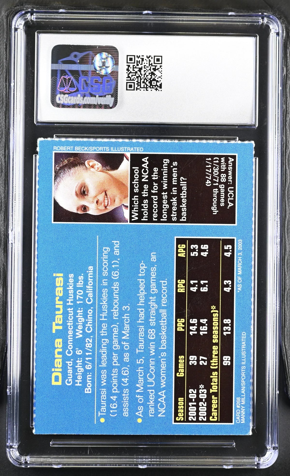 Diana Taurasi UConn Huskies 2003 Sports Illustrated for Kids Rookie Card CSG graded 6 ExMt - AutographsForSale.com