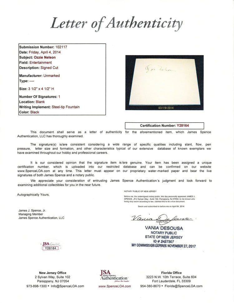 Ozzie & Harriet Nelson 2014 Leaf Masterpiece Cut Signature certified signed card 1/1 JSA - AutographsForSale.com