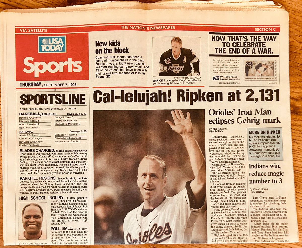 Cal Ripken Orioles 2131 Consecutive Games 1995 US Today newspaper - AutographsForSale.com