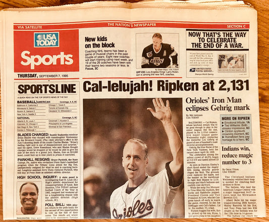 Cal Ripken Orioles 2131 Consecutive Games 1995 US Today newspaper - AutographsForSale.com