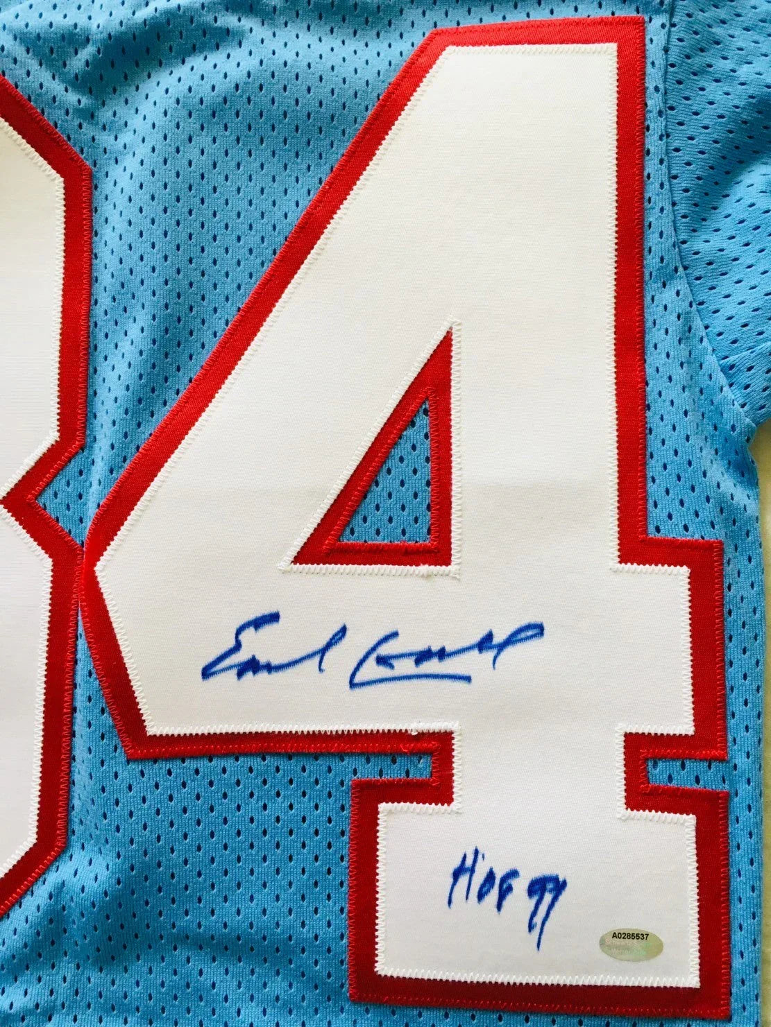 Earl Campbell signed Houston Oilers 80s Sand Knit blue retro jersey Schwartz - AutographsForSale.com