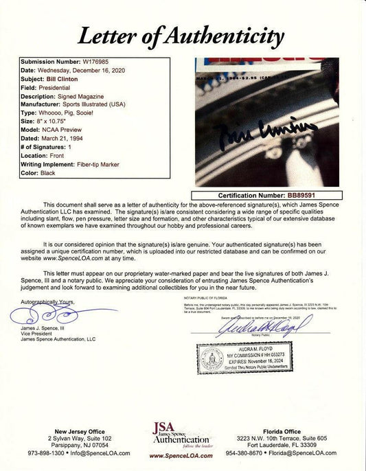 Bill Clinton autographed Arkansas Razorbacks 1994 Sports Illustrated magazine JSA - AutographsForSale.com