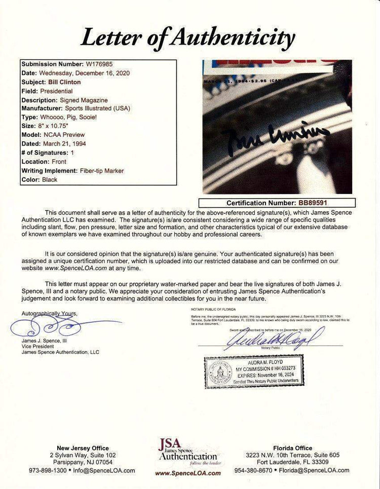 Bill Clinton signed Arkansas 1994 Sports Illustrated magazine JSA - AutographsForSale.com