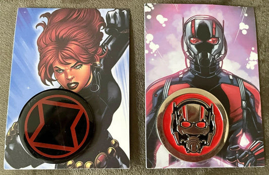 Ant-Man and Black Widow 2015 Marvel Metal NECA Avengers metal logo pins and trading cards - AutographsForSale.com