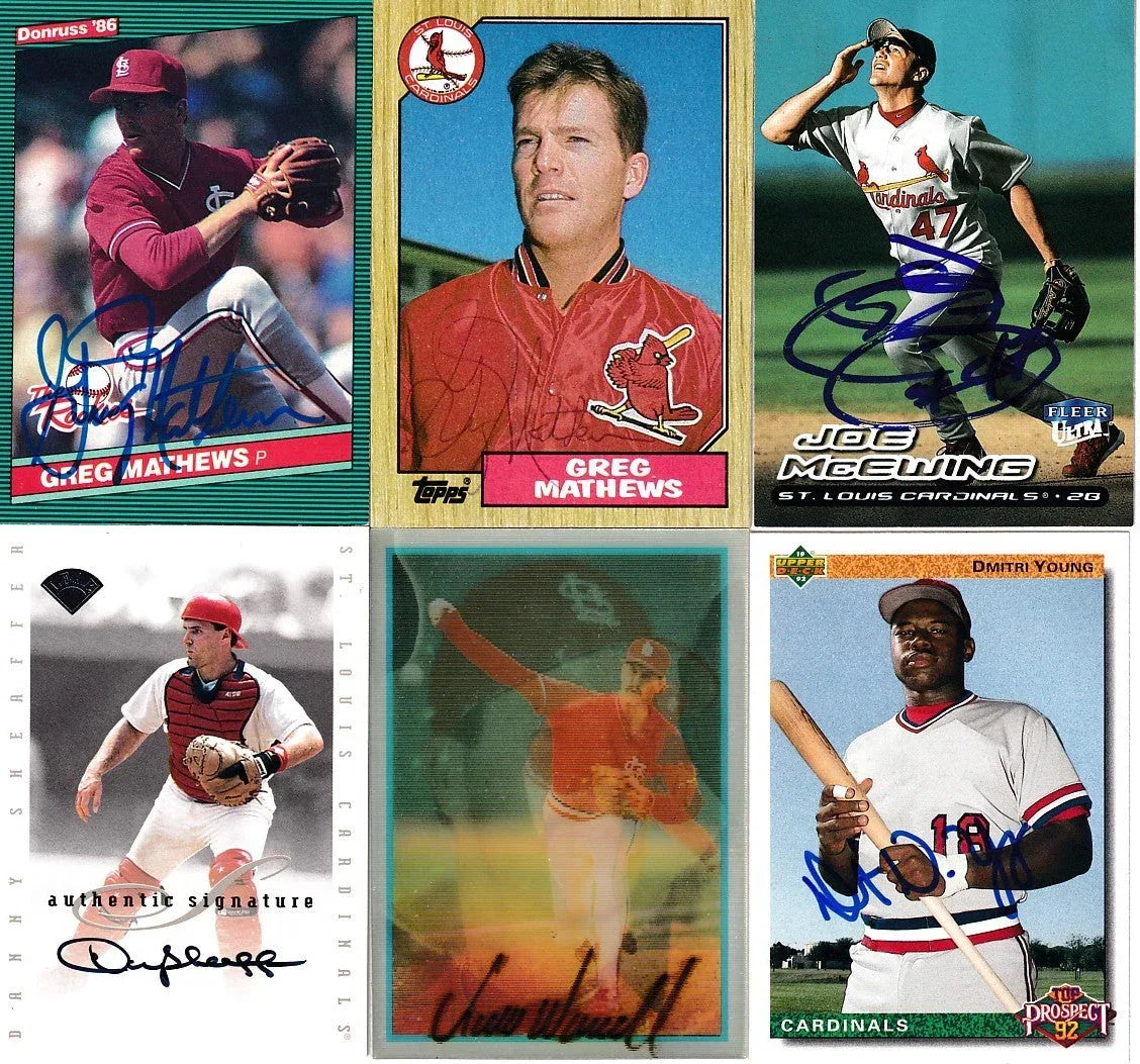 6 St Louis Cardinals signed cards Greg Mathews Todd Worrell Dmitri Young - AutographsForSale.com